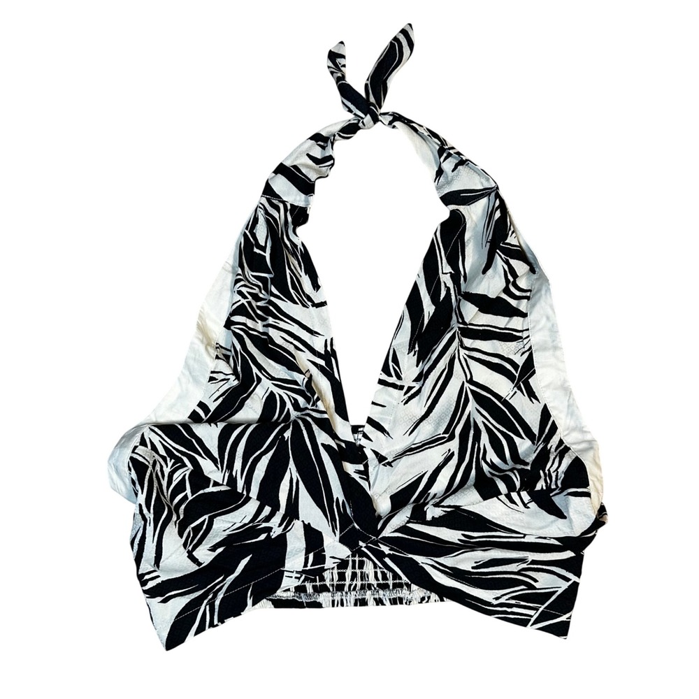 Free People Intimately Halter Crop Top Black White Tropical Leaf Print Smocked